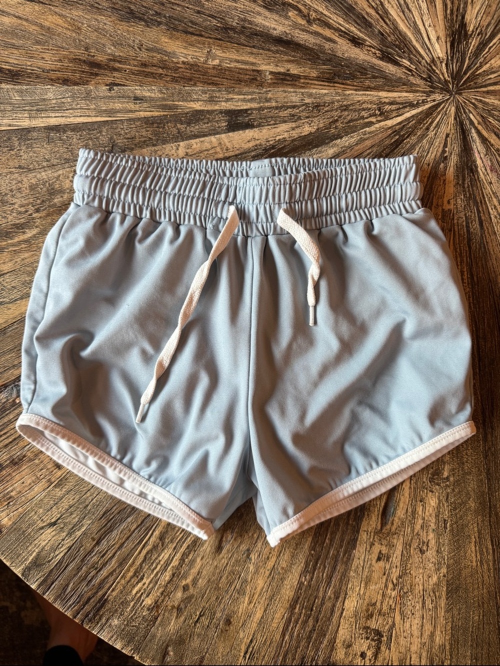Pearl Light Blue Kids Swim Trunks with White Trim